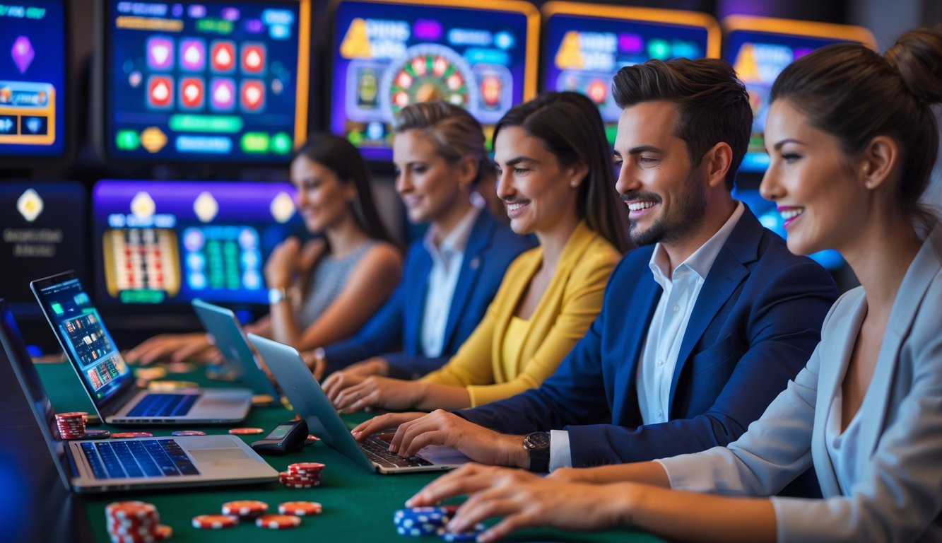 Beberapa orang bermain permainan kasino langsung secara online menggunakan laptop, tablet, dan ponsel di lingkungan yang modern dan cerah.