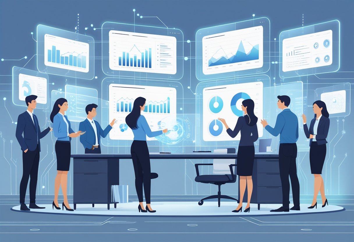 A group of professionals working together at a desk with multiple floating digital screens showing data charts and graphs, surrounded by subtle futuristic elements.