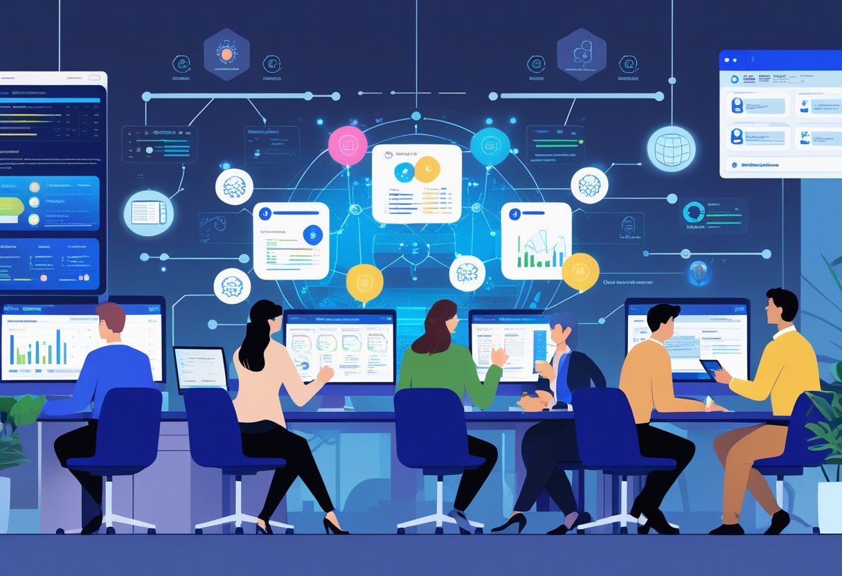 Office workers collaborating with AI tools on computers and devices in a modern workspace.