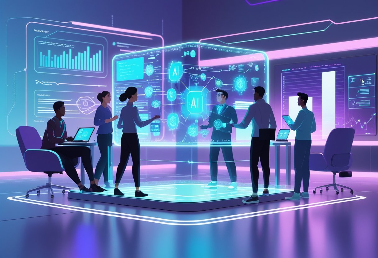 A group of people collaborating around a futuristic touchscreen displaying AI icons and data in a modern high-tech workspace.