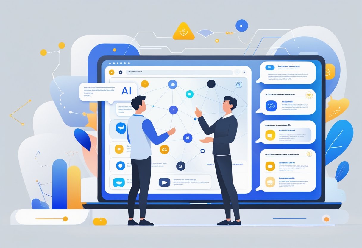 A person thoughtfully engaging with a large digital interface displaying abstract AI symbols and data streams.