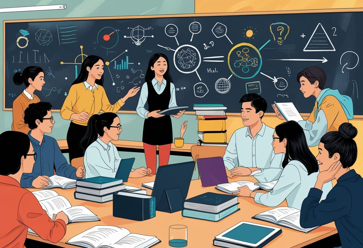 A classroom scene with a teacher guiding diverse students using books and digital devices, surrounded by educational symbols on a board.
