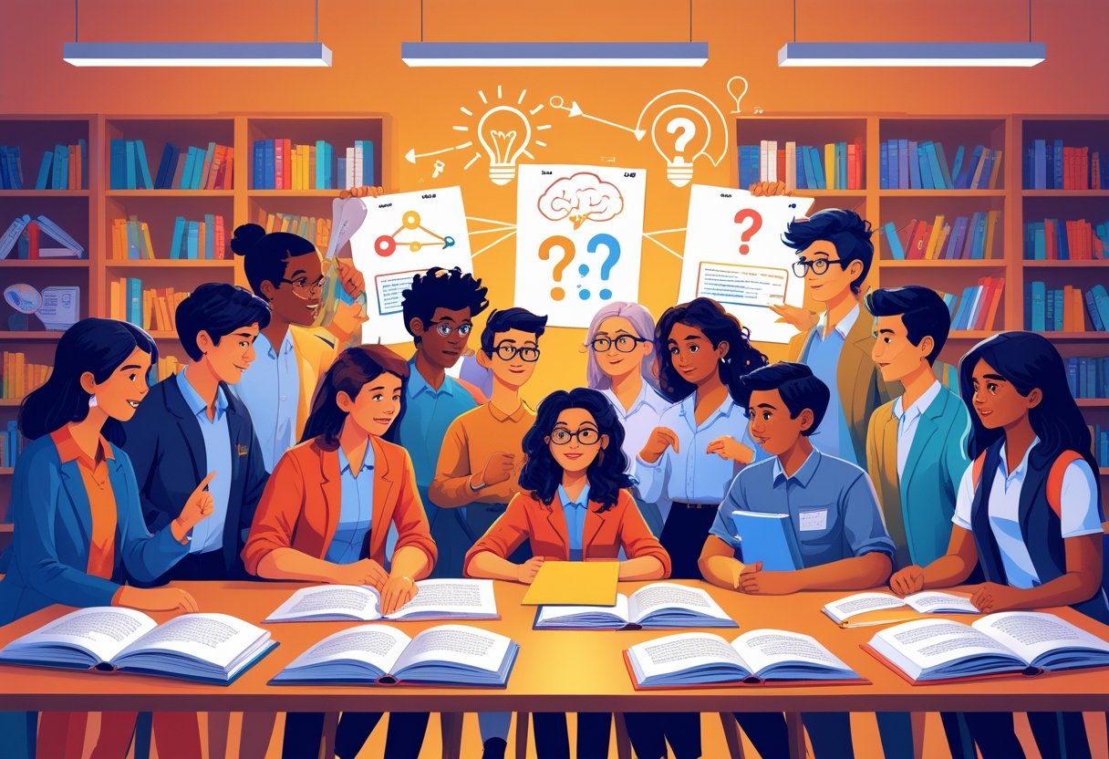 A group of students and a teacher gathered around a table with books and tablets, engaged in discussion and learning in a classroom filled with educational materials.