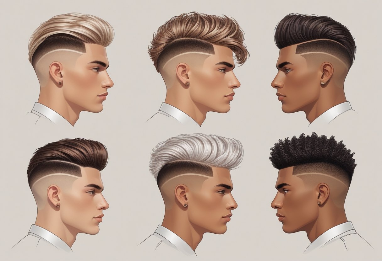 Five men with different trendy haircuts for 2025, shown from the shoulders up against a plain background.