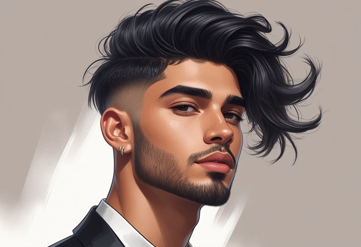 Close-up portrait of a young man with a voluminous messy quiff hairstyle and a well-groomed beard.