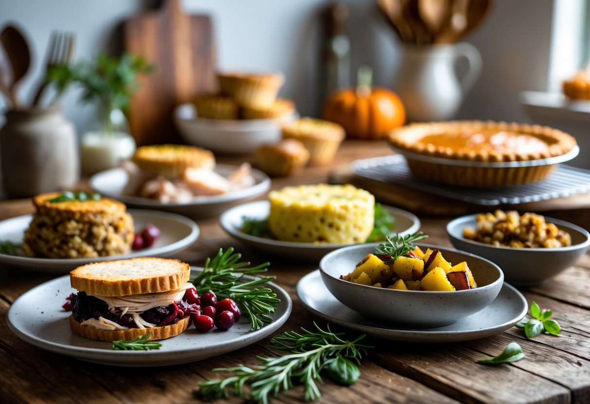 A kitchen table with several plates of creatively plated leftover Thanksgiving dishes including turkey sandwiches, stuffing muffins, and mashed potato cakes with fresh herb garnishes.