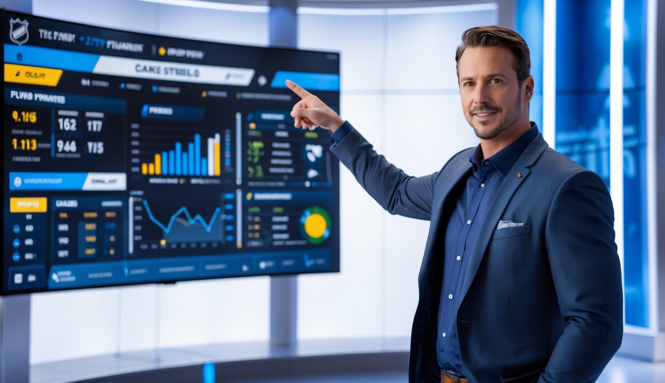 Seorang analis hoki es sedang menunjuk layar digital besar yang menampilkan statistik dan prediksi pertandingan NHL di studio olahraga modern.