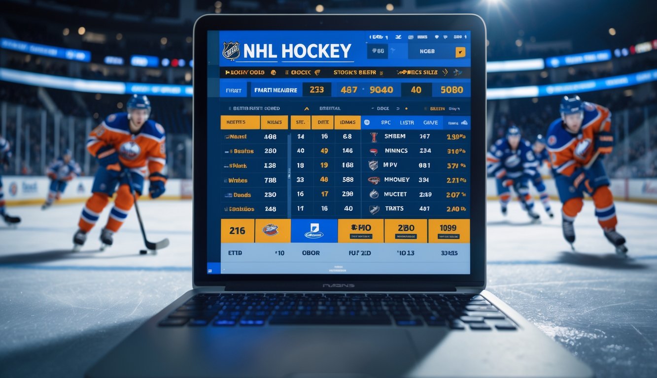 Layar taruhan olahraga dengan peluang pertandingan hoki NHL dan pemain hoki sedang bermain di lapangan es.