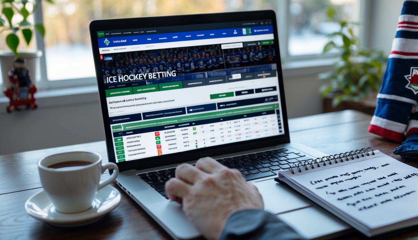 Seorang pria sedang menggunakan laptop dengan situs taruhan hoki es terbuka, di meja terdapat secangkir kopi dan catatan taruhan.