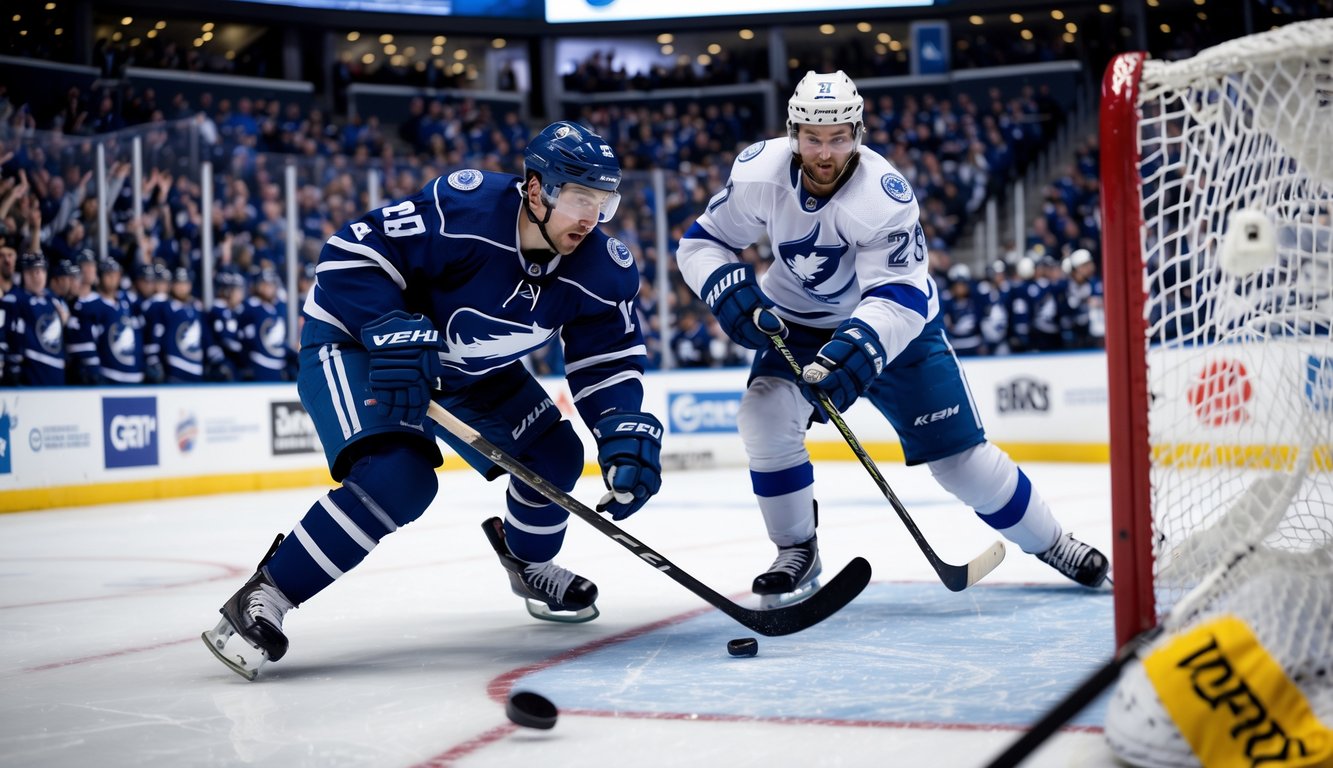 Dua pemain hoki es sedang berkompetisi di arena NHL yang penuh penonton.