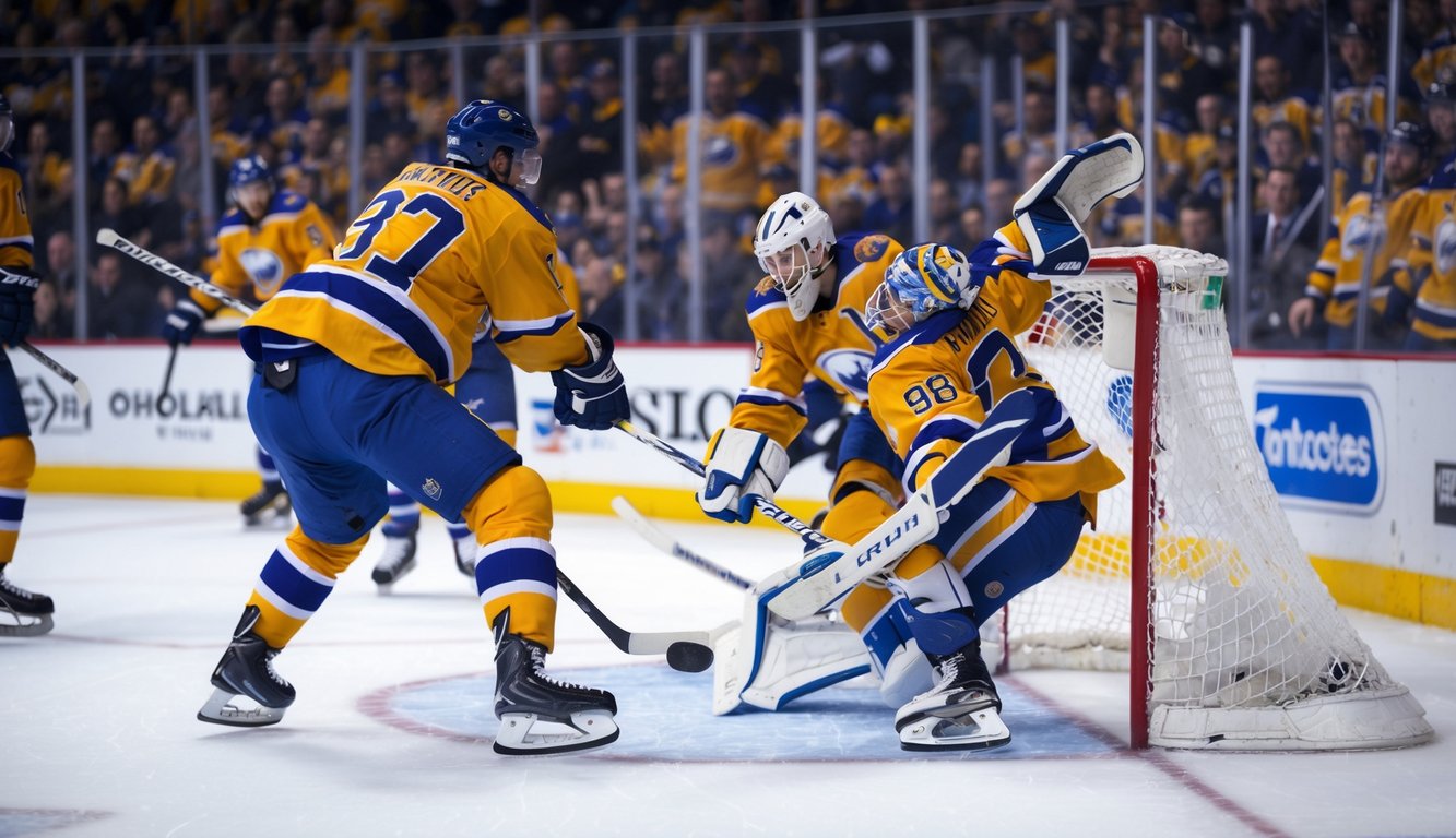 Dua pemain hoki es sedang berebut puck di dekat gawang saat penjaga gawang mencoba menyelamatkan bola.