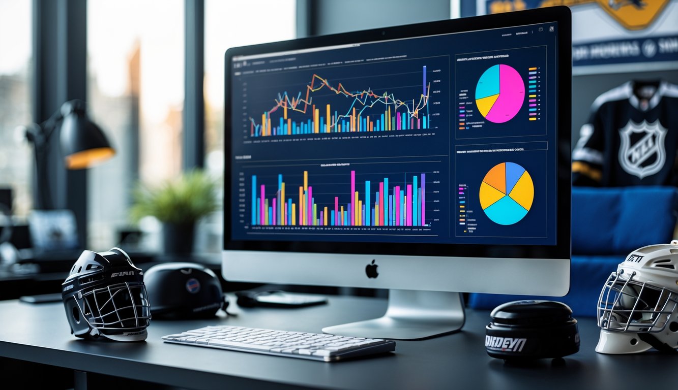 Sebuah ruang kerja modern dengan monitor komputer yang menampilkan grafik statistik pemain NHL dan perlengkapan hoki di meja.