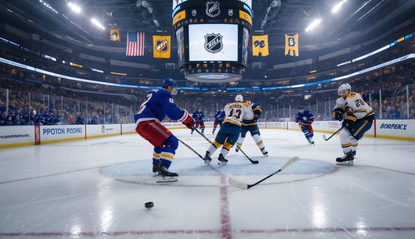 Pertandingan hoki es NHL dengan pemain yang sedang bermain di arena penuh penonton.