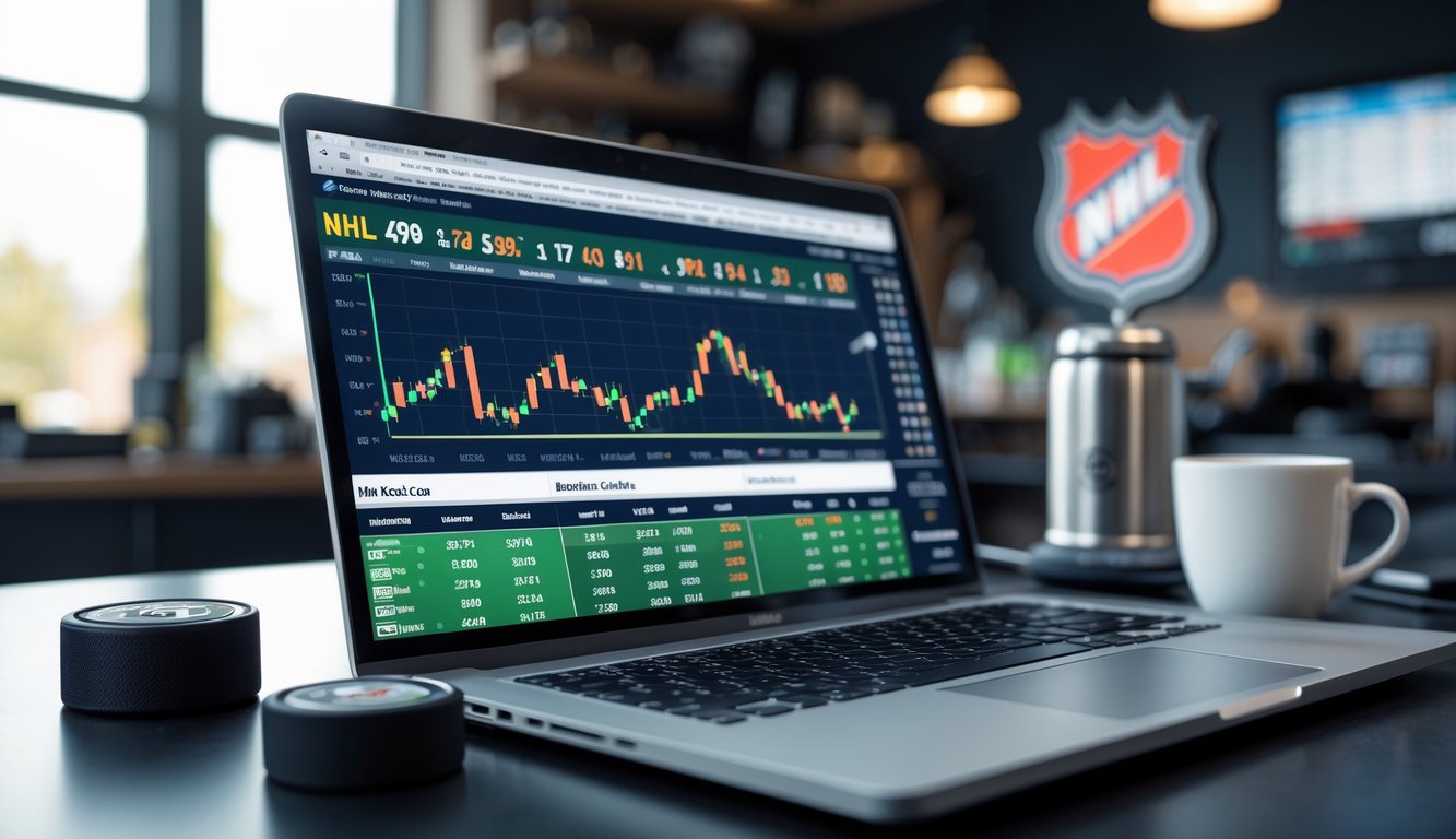 Seorang pria duduk di meja dengan laptop yang menampilkan statistik dan grafik taruhan NHL, dikelilingi oleh perlengkapan hoki.