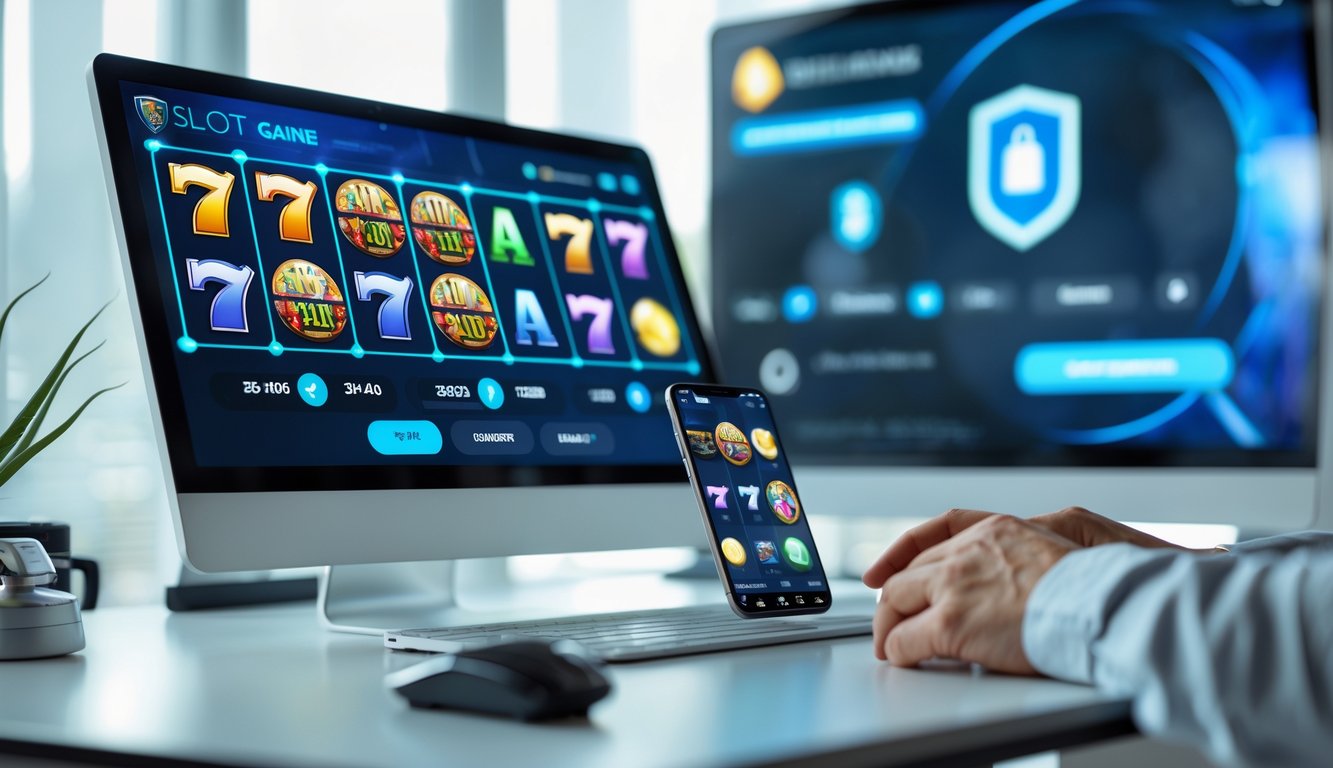 Seseorang menggunakan komputer dan ponsel dengan tampilan permainan slot online di lingkungan kantor yang terang dan modern.