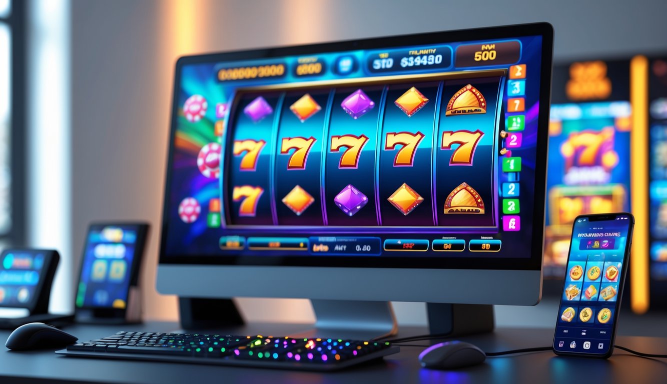 Sebuah meja kerja modern dengan komputer yang menampilkan permainan slot online berwarna-warni.