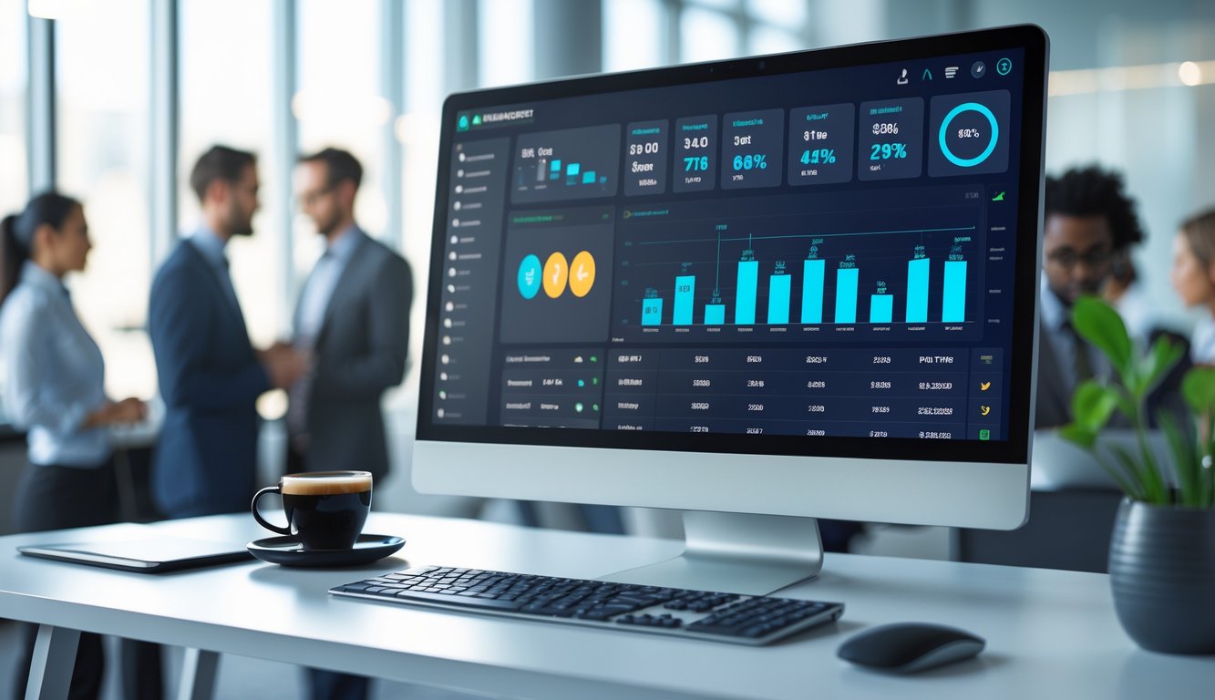 Sebuah kantor modern dengan komputer yang menampilkan dashboard digital terkait permainan slot online, dikelilingi oleh alat kerja dan suasana profesional.