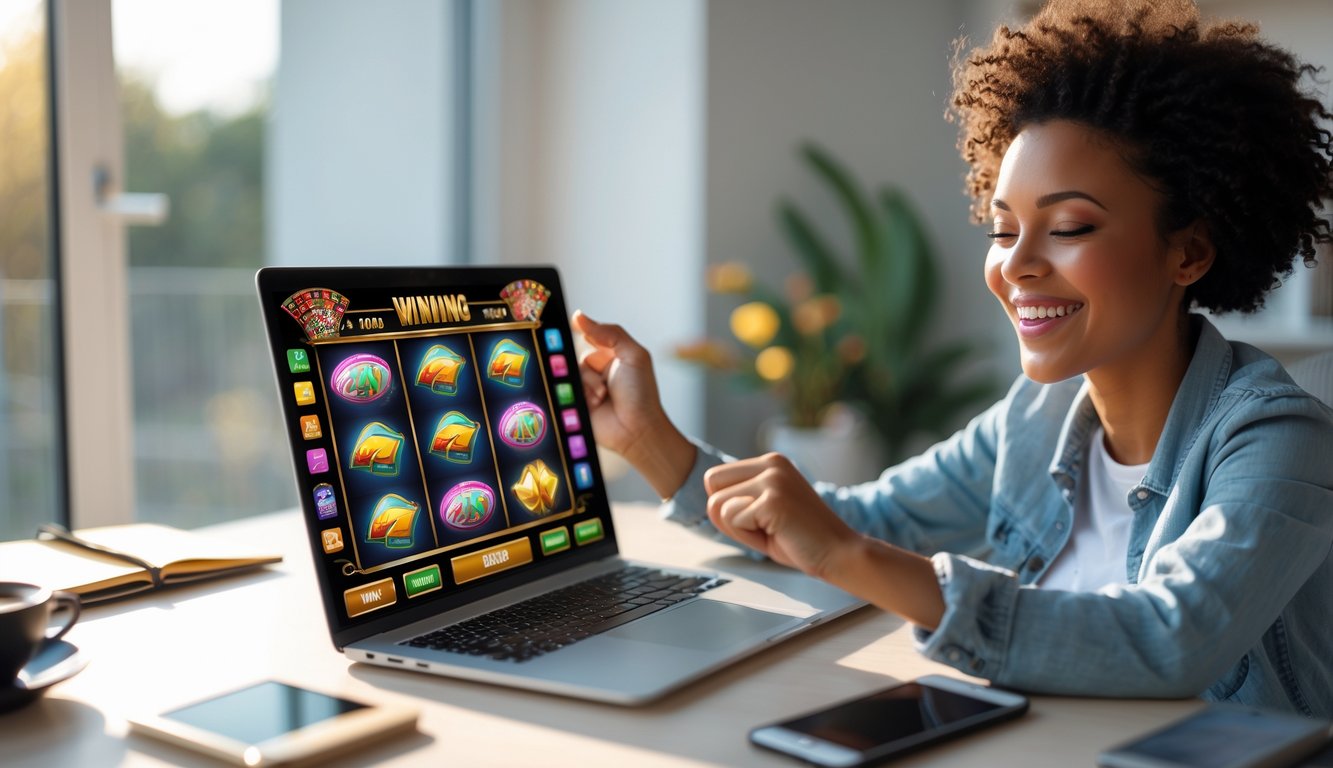 Seseorang yang sedang bermain permainan slot online dengan ekspresi senang di ruang kerja rumah yang terang.