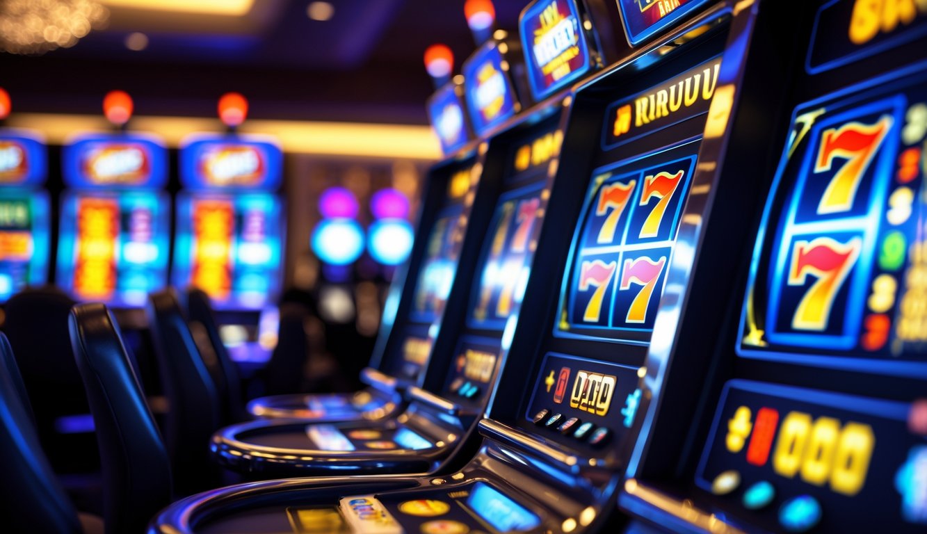 Mesin slot modern dengan layar digital menunjukkan kombinasi kemenangan di kasino yang terang dan ramai.