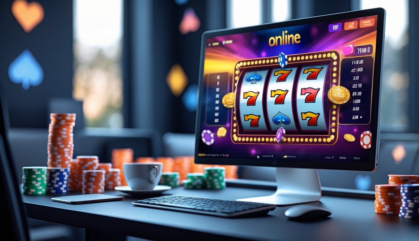 Meja kerja modern dengan komputer menampilkan permainan slot online dan beberapa chip kasino di latar belakang.