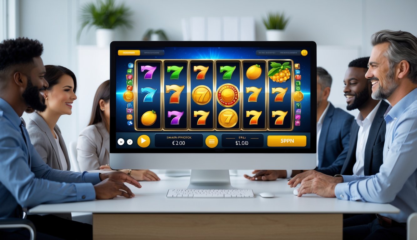 Orang-orang yang sedang bermain dan mengamati permainan slot online di depan komputer dalam ruangan kantor yang rapi.