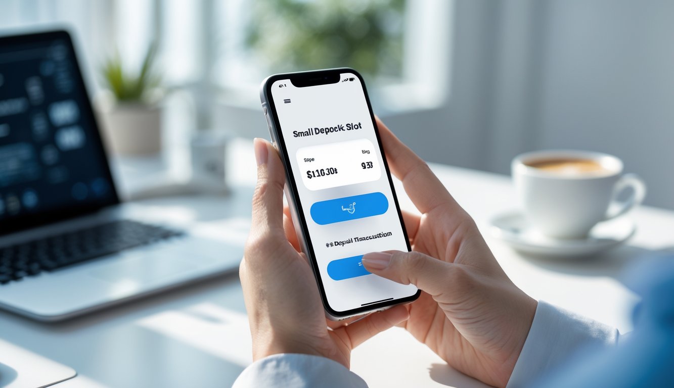 Tampilan dekat layar smartphone yang menunjukkan transaksi deposit kecil dengan tangan yang memegang ponsel di atas meja kerja.