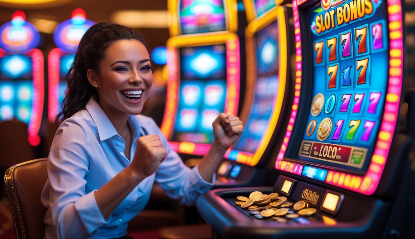 Seorang anggota baru yang bahagia merayakan kemenangan di mesin slot dengan koin yang keluar di kasino.