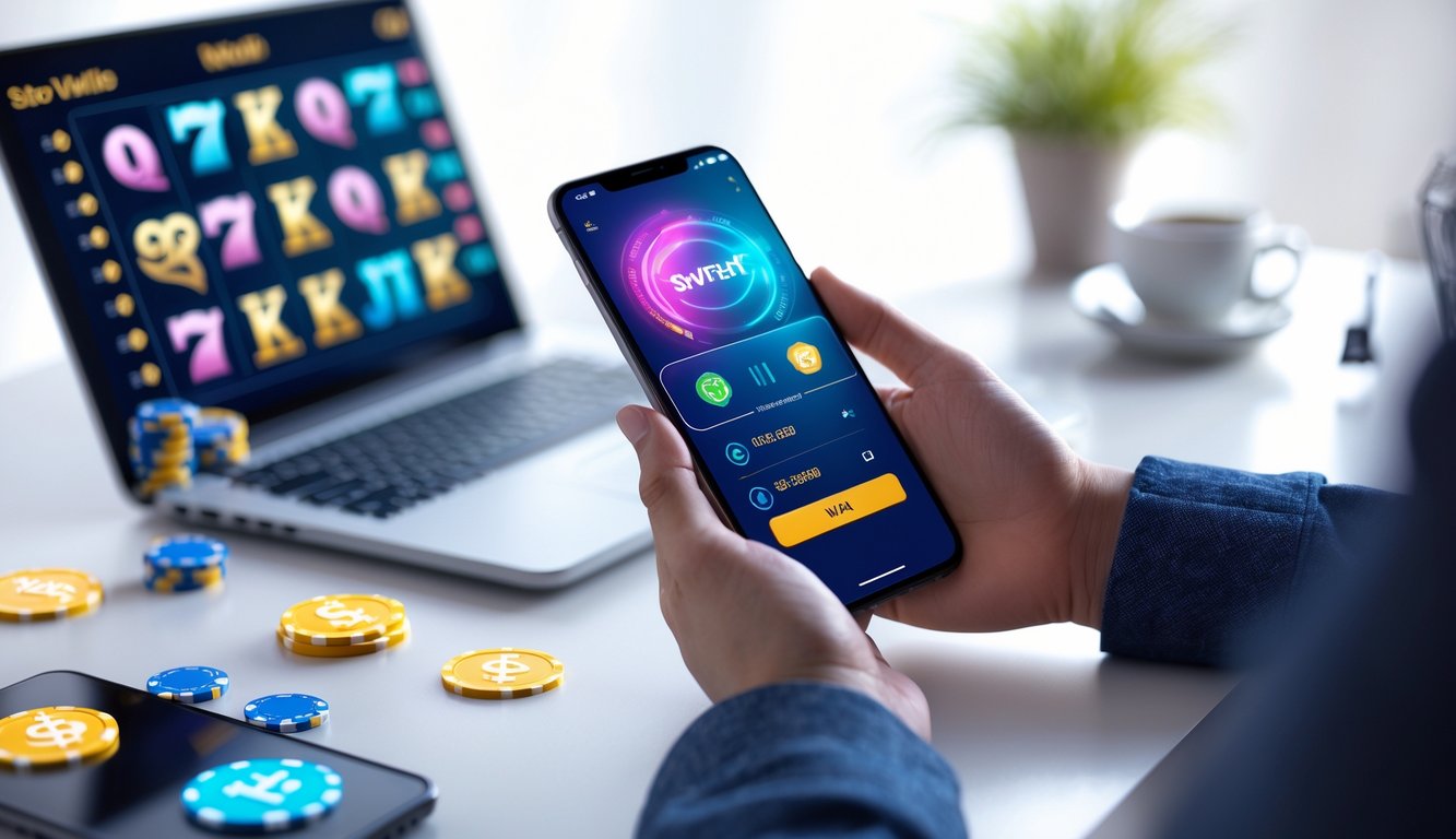 Seseorang memegang ponsel yang menampilkan aplikasi dompet elektronik dengan ikon transfer uang dan kredit permainan slot, di latar belakang terlihat elemen mesin slot dan koin digital.