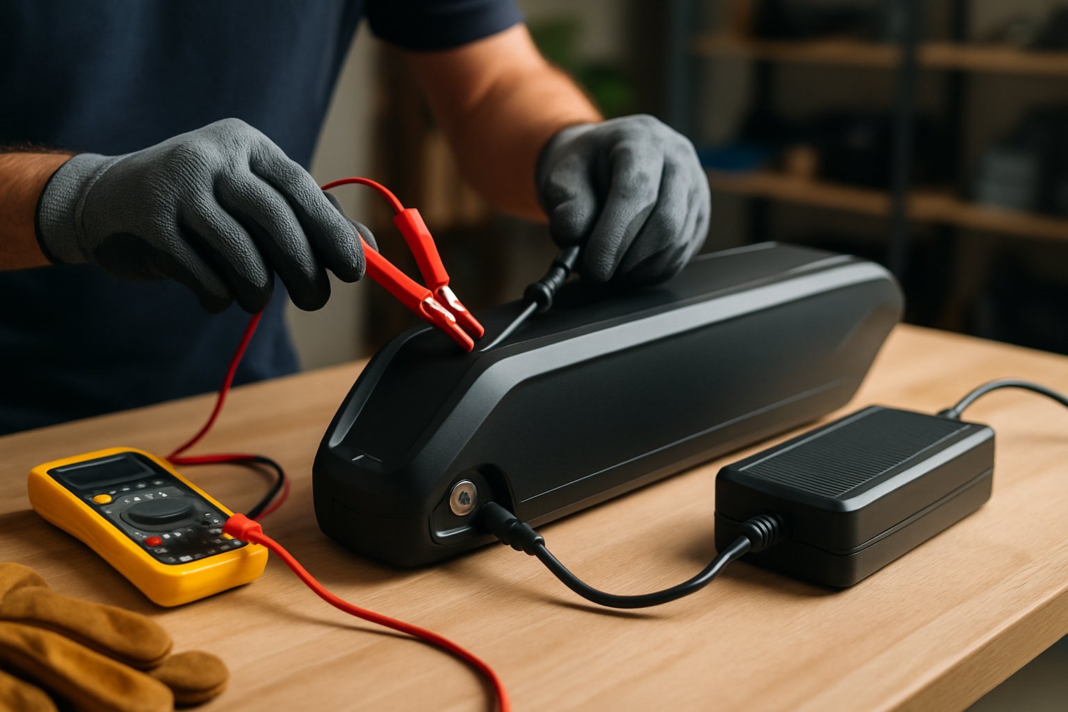 How to Safely Wake Up a Long-Stored E-Bike Battery at Home (Guide) Hands connecting an e-bike battery to a charger on a workbench with tools in a workshop.
