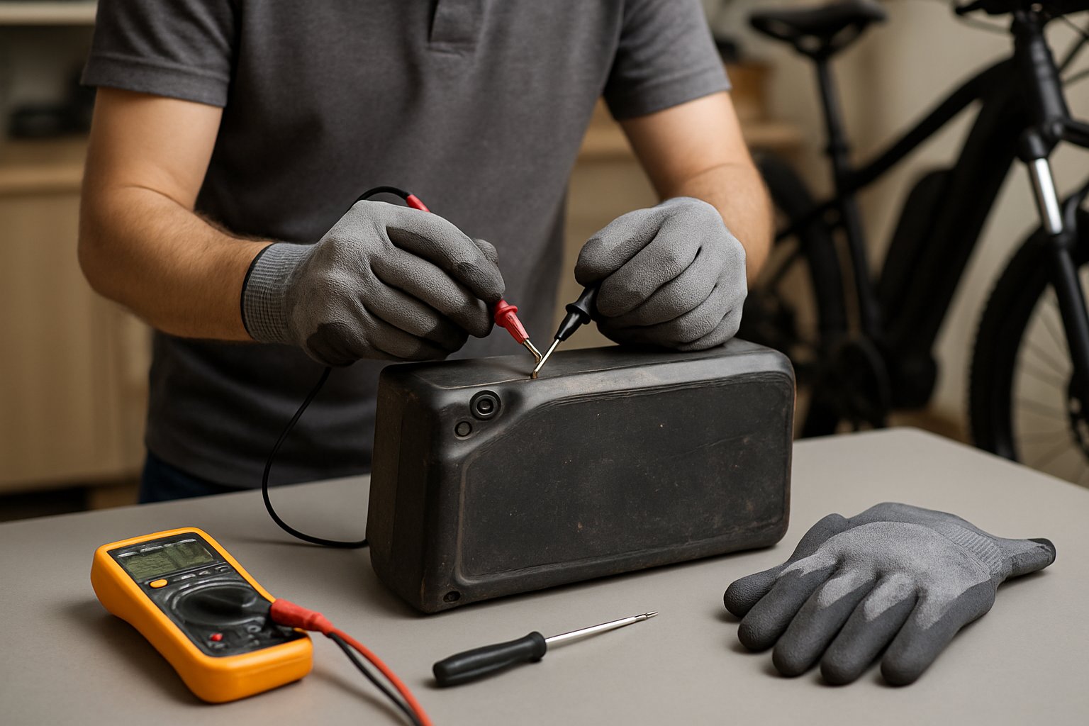 How to Safely Wake Up a Long-Stored E-Bike Battery at Home (Guide) Person wearing gloves testing an e-bike battery with a multimeter on a workbench, with an electric bike visible in the background.