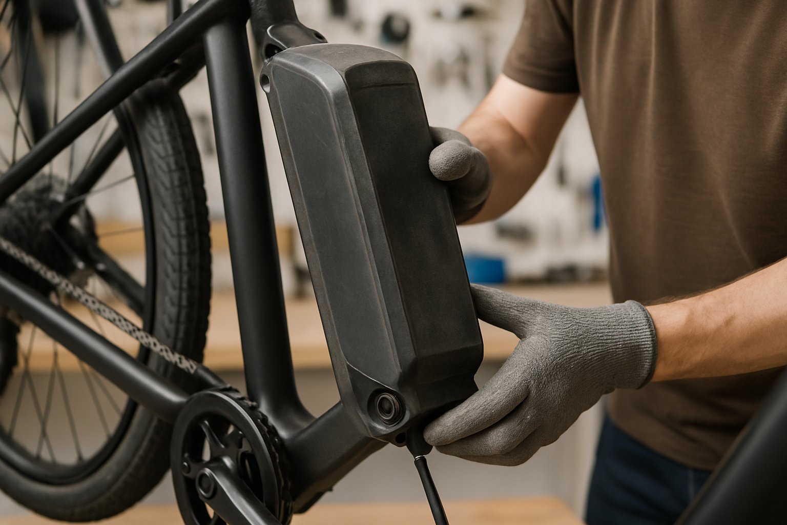 How to Safely Wake Up a Long-Stored E-Bike Battery at Home (Guide) Close-up of hands inspecting and reconnecting an electric bike battery in a clean workshop.