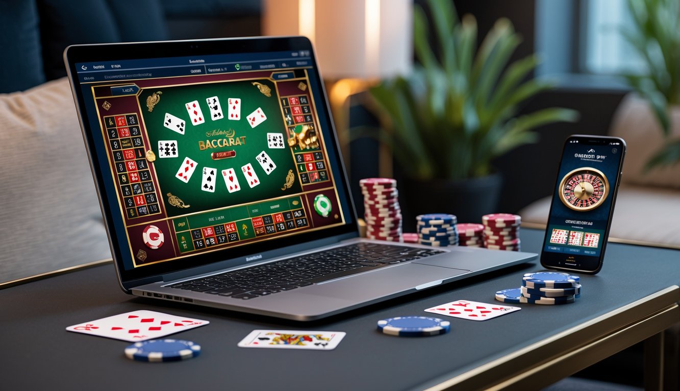 Sebuah laptop dengan permainan baccarat online yang sedang berjalan, dikelilingi oleh kartu remi dan chip taruhan di meja dalam ruangan yang nyaman.