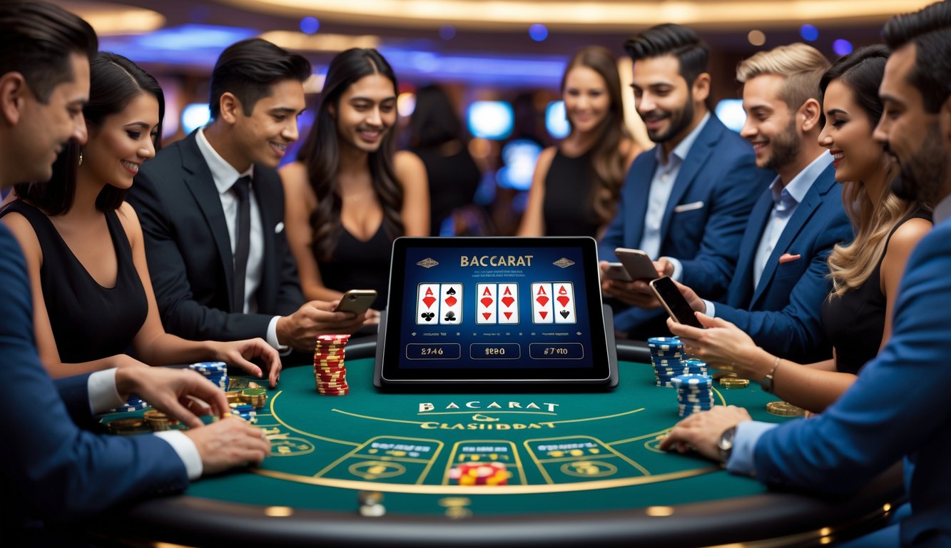 Orang-orang bermain baccarat digital menggunakan perangkat touchscreen di meja kasino modern.