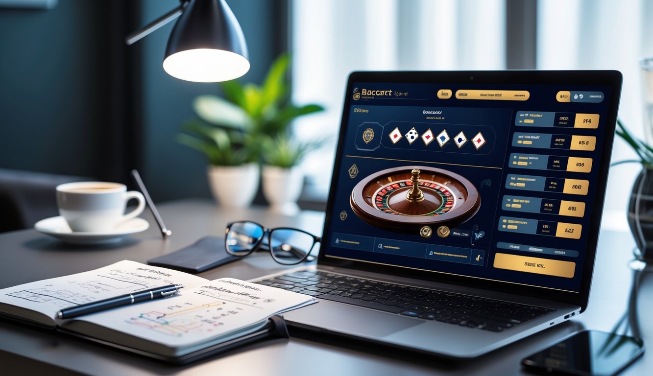 Seorang pria duduk di meja kerja dengan laptop yang menampilkan permainan baccarat online dan catatan strategi di sampingnya.
