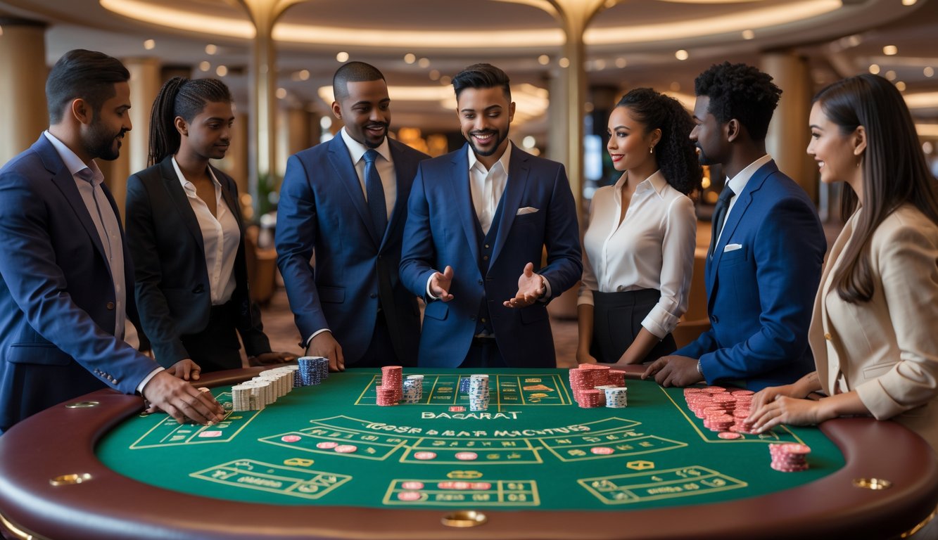 Sekelompok orang di meja baccarat di kasino, dengan dealer yang menjelaskan permainan kepada pemula.