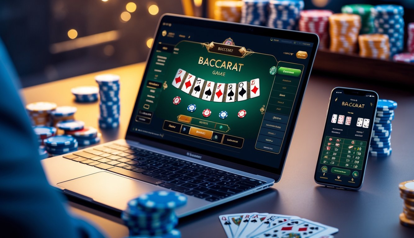 Seorang pria menggunakan laptop dan ponsel untuk bermain taruhan baccarat online di sebuah meja kerja modern.