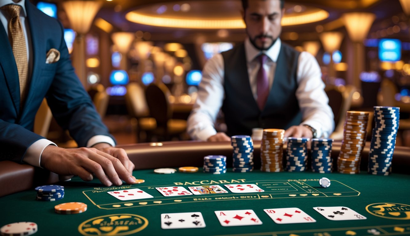 Seorang pemain sedang menganalisis kartu baccarat dan chip di meja hijau di dalam kasino mewah.