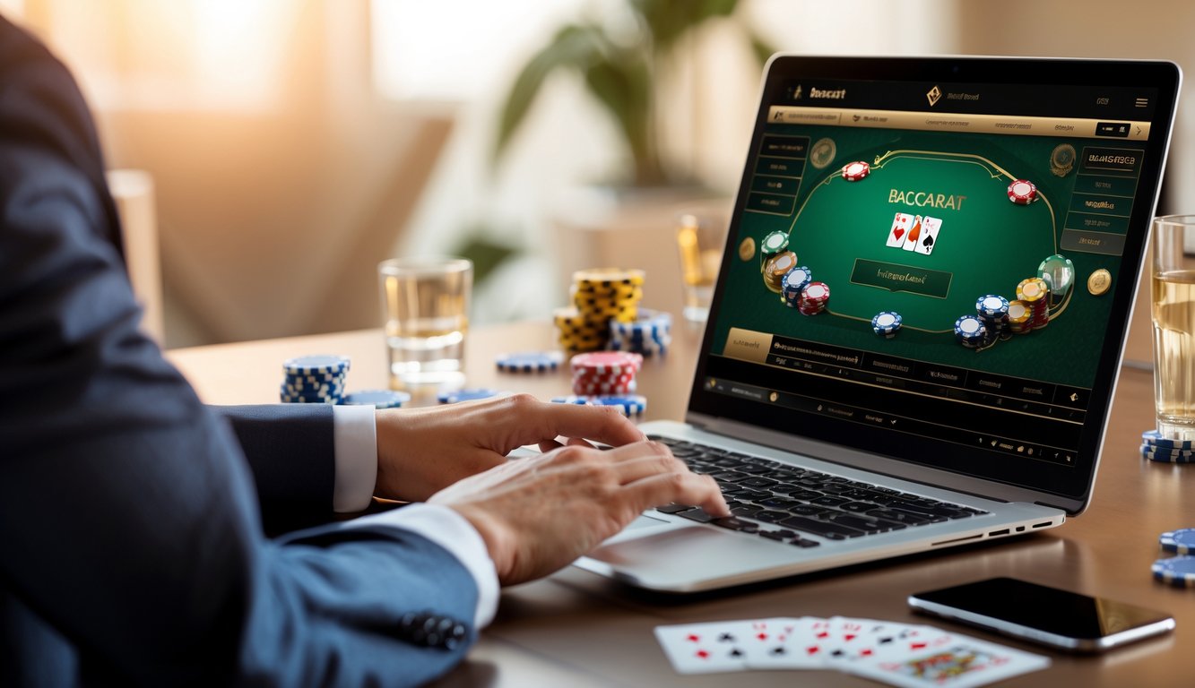 Seseorang menggunakan laptop untuk bermain baccarat online dengan kartu dan chip di meja.