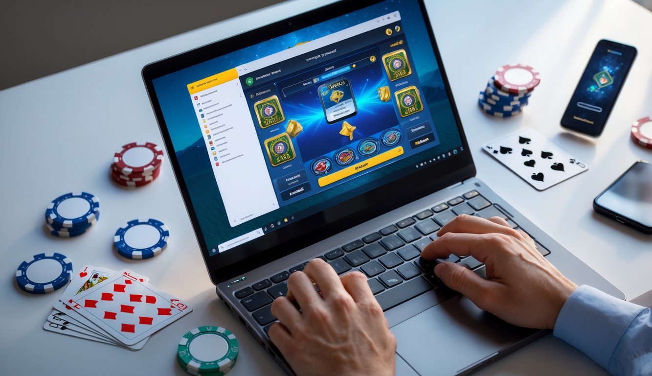 Seseorang menggunakan laptop dengan tampilan permainan kartu online di layar, dikelilingi kartu remi dan chip poker di meja kerja.
