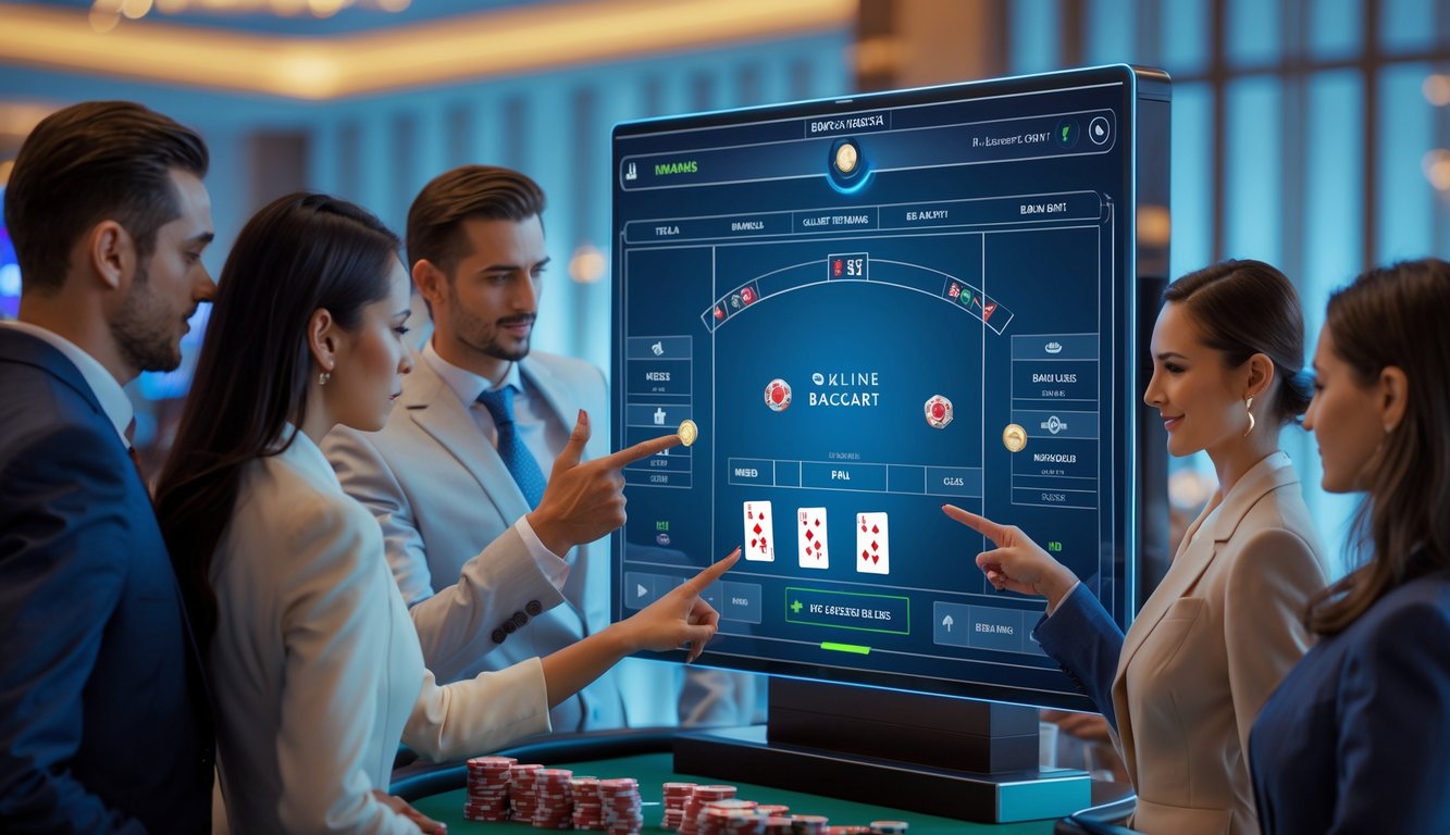 Beberapa orang sedang berinteraksi dengan layar sentuh yang menampilkan permainan baccarat online dengan kartu dan chip di meja digital.