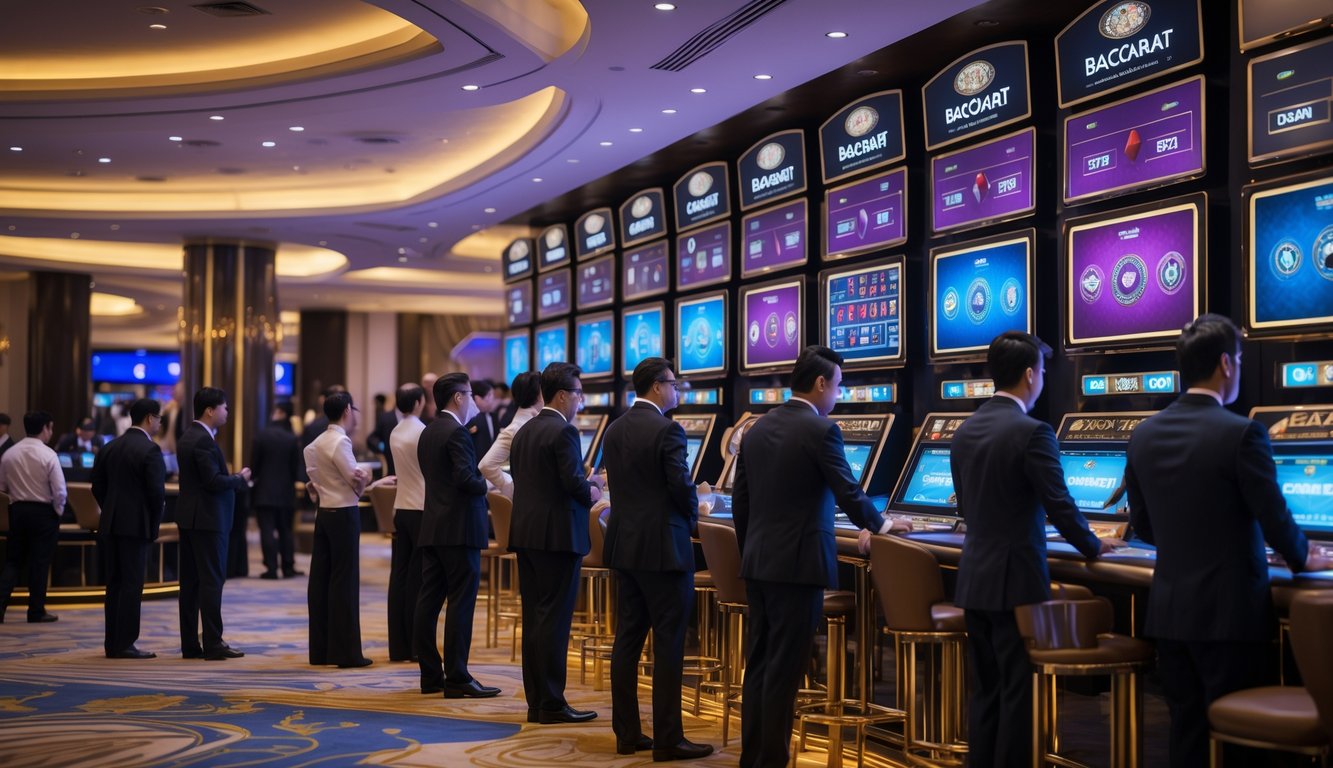 Beberapa orang sedang membandingkan berbagai platform permainan baccarat di sebuah kasino modern dengan layar digital yang menampilkan permainan baccarat.