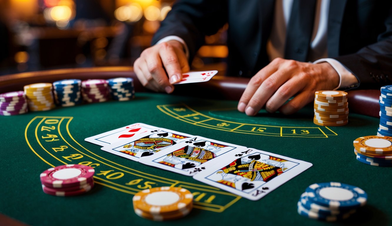 Meja permainan blackjack dengan kartu dan tumpukan chip poker di kasino.