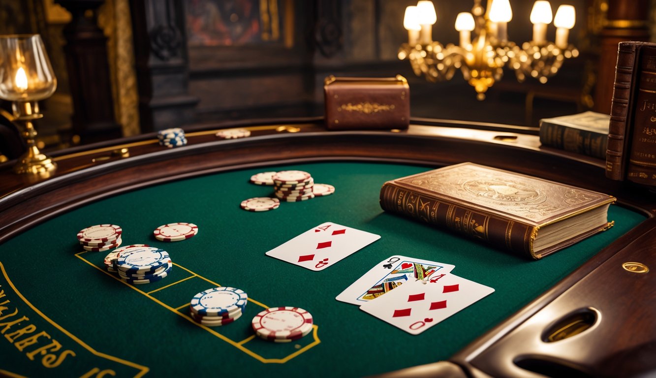 Meja blackjack antik dengan kartu dan chip di ruangan bergaya klasik yang menunjukkan asal-usul permainan blackjack.