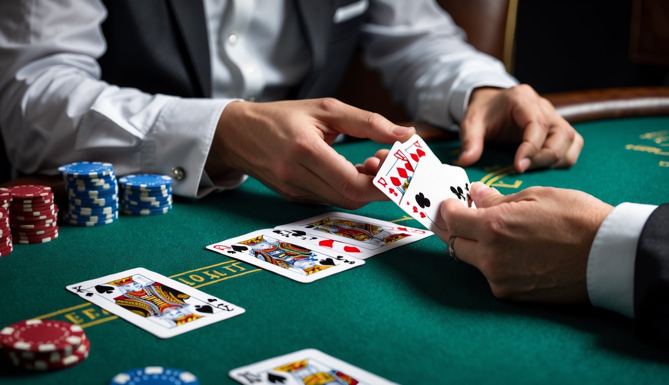 Seseorang duduk di meja kasino memegang kartu blackjack sambil memperhatikan nilai kartu dengan serius.