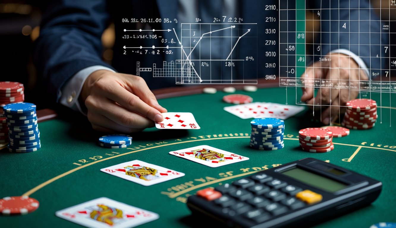 Meja blackjack dengan kartu, chip poker, kalkulator, dan grafik matematika yang menggambarkan probabilitas dalam permainan.