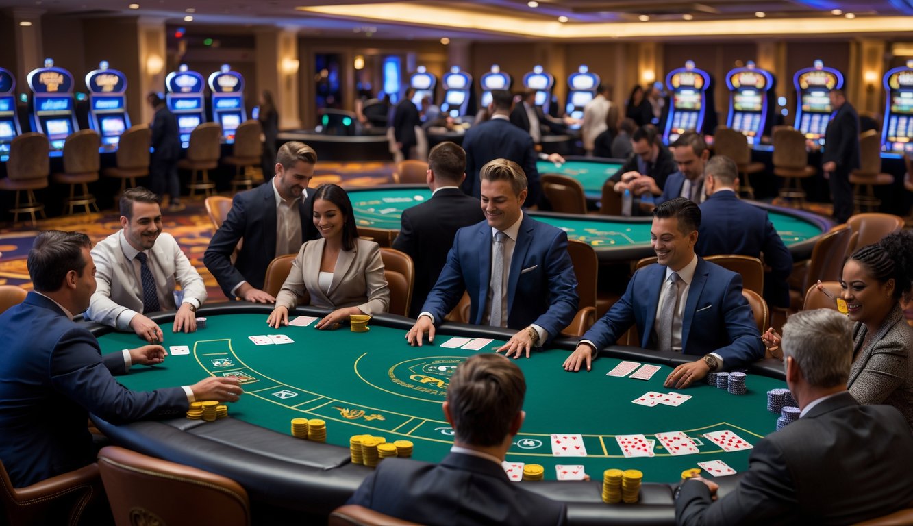 Beberapa meja blackjack di kasino legal dengan pemain dan dealer yang sedang bermain kartu.