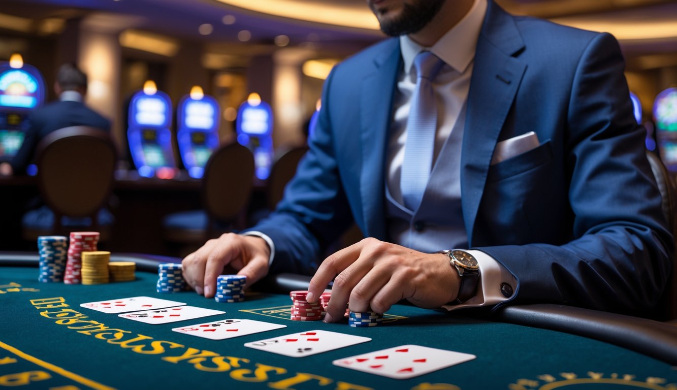 Seorang pemain blackjack duduk di meja kasino dengan kartu dan chip, terlihat fokus dan tenang saat bermain.