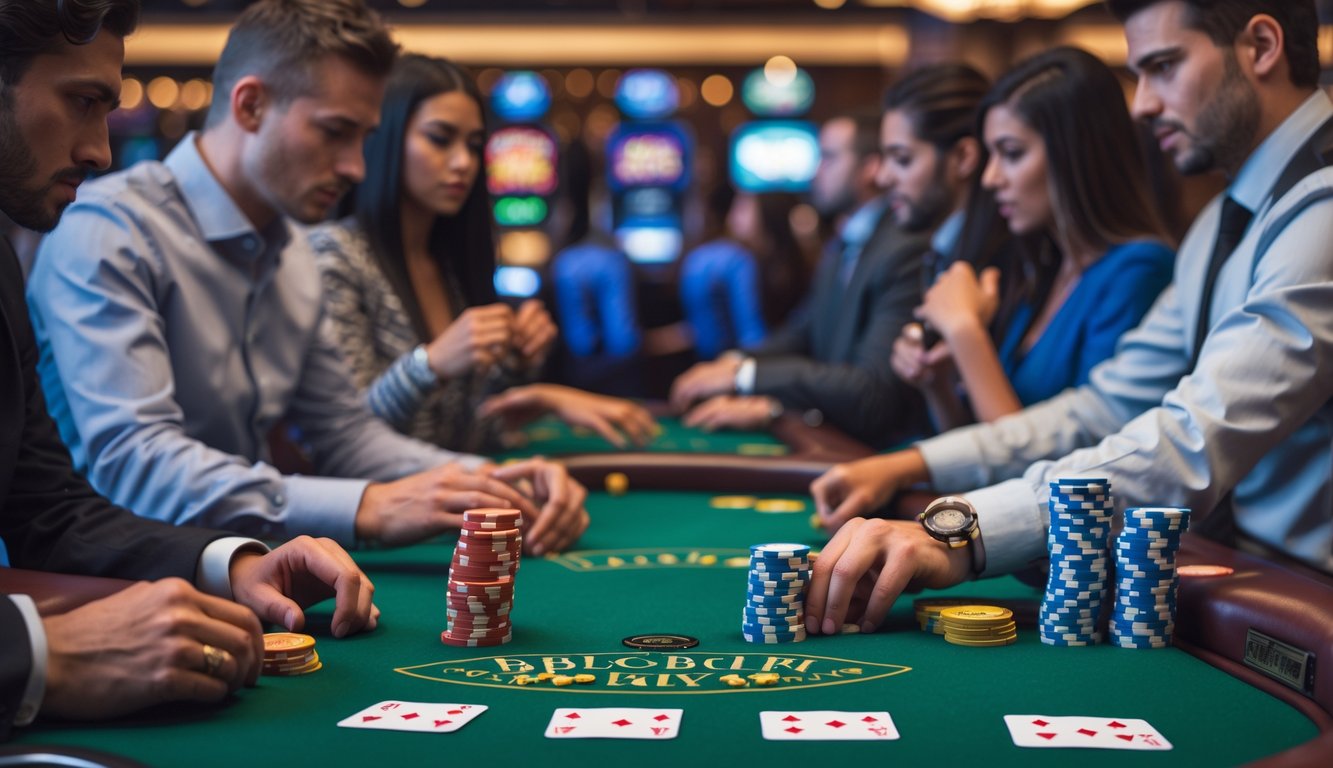 Beberapa pemain duduk di meja blackjack di kasino, menunjukkan ekspresi bingung dan ragu saat bermain kartu.