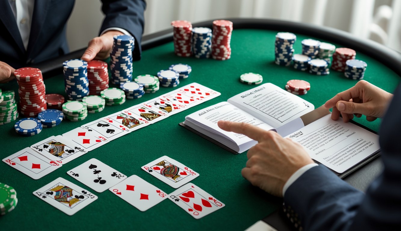 Meja hijau dengan kartu blackjack, tumpukan chip poker, dan tangan seseorang yang sedang belajar bermain kartu blackjack.