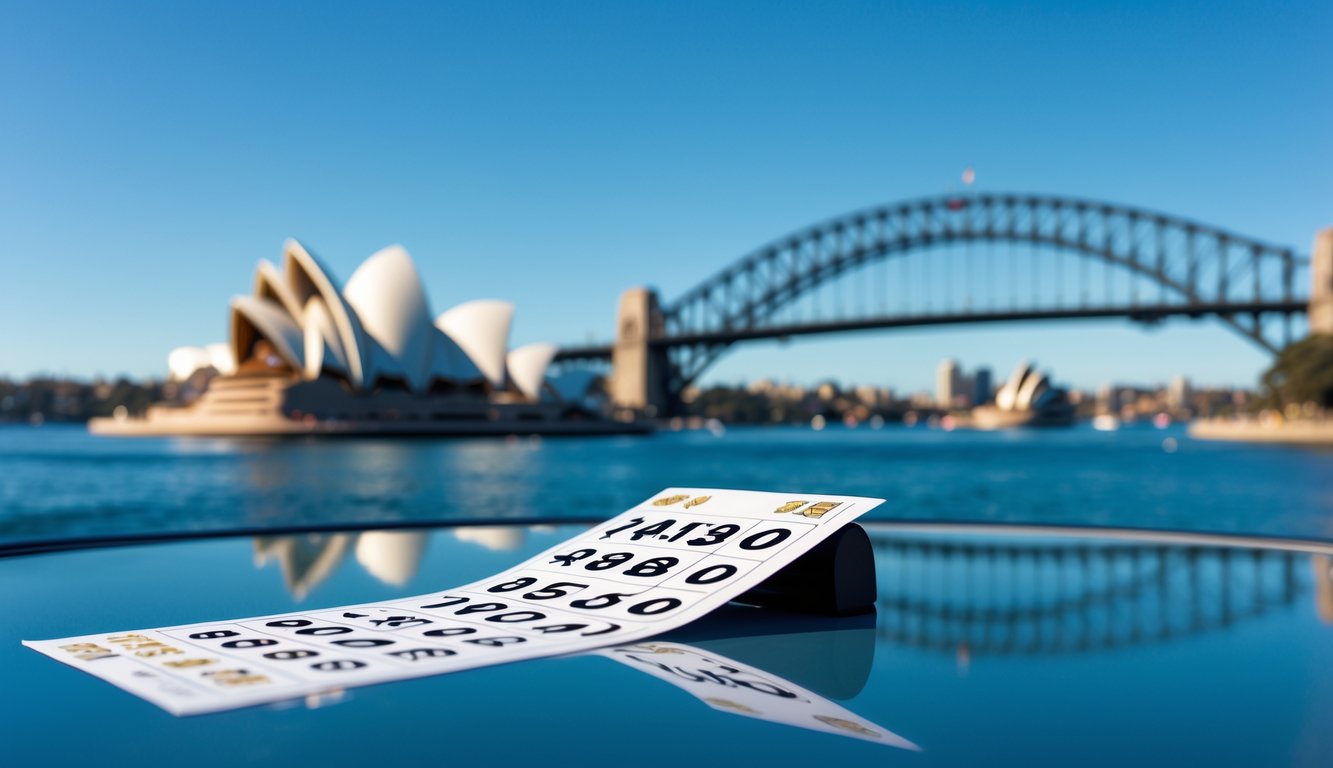 Pemandangan tiket lotere digital dengan latar belakang cakrawala Sydney yang ikonik termasuk Sydney Opera House dan Harbour Bridge.